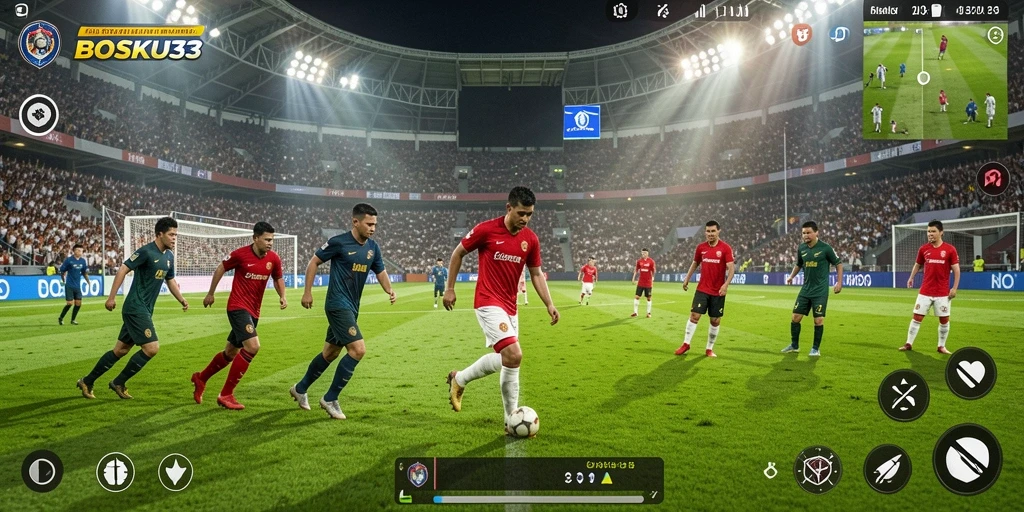Tangkapan layar gameplay BOSKU33 yang menampilkan aksi di lapangan sepak bola.