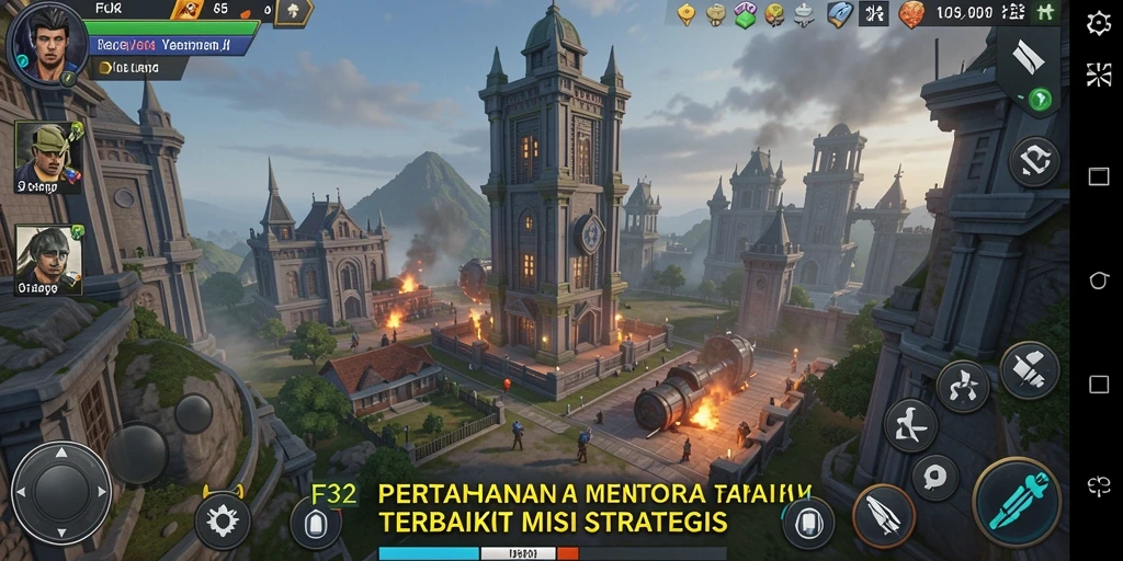 Menggambarkan aksi pertahanan menara yang seru dalam gameplay F32.