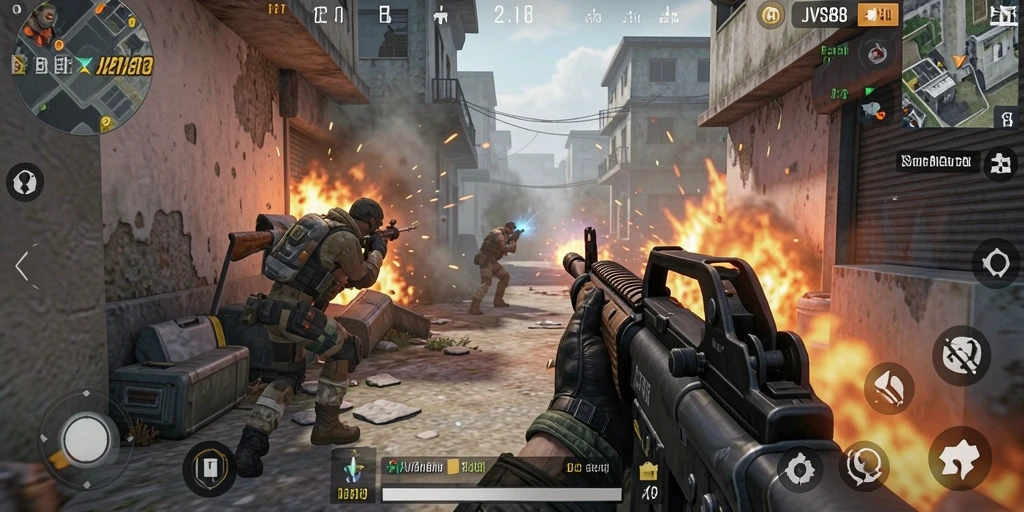 Tangkapan layar utama JVS88 menampilkan aksi pertempuran intens dalam mode FPS.