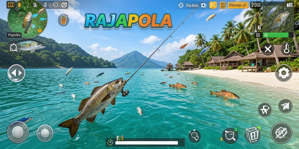 Screenshot gameplay RAJAPOLA dengan aksi memancing yang mengasyikkan.